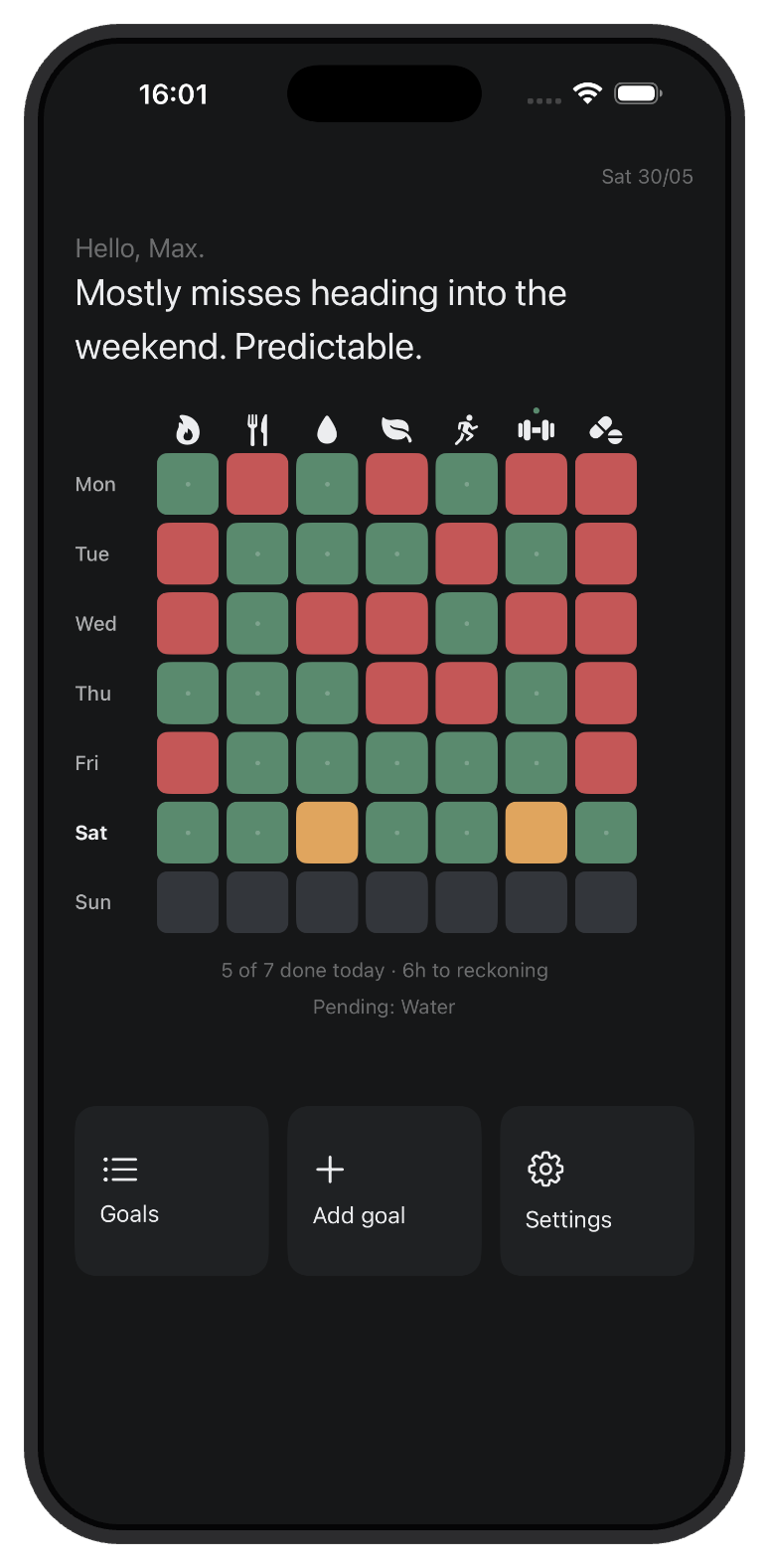 Reckon's weekly habit grid in dark mode — seven days of green and red squares.