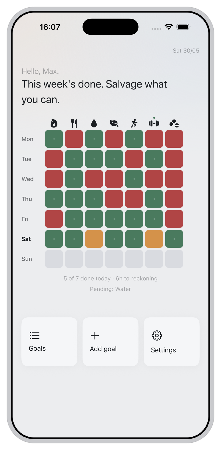 The weekly grid in light mode with a blunt greeting at the top.