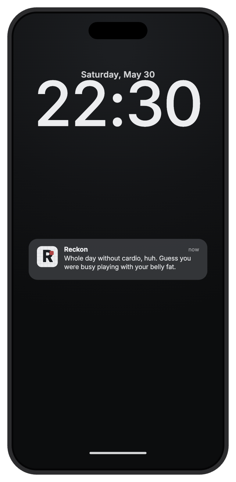 An evening lock-screen notification from Reckon naming a missed goal.