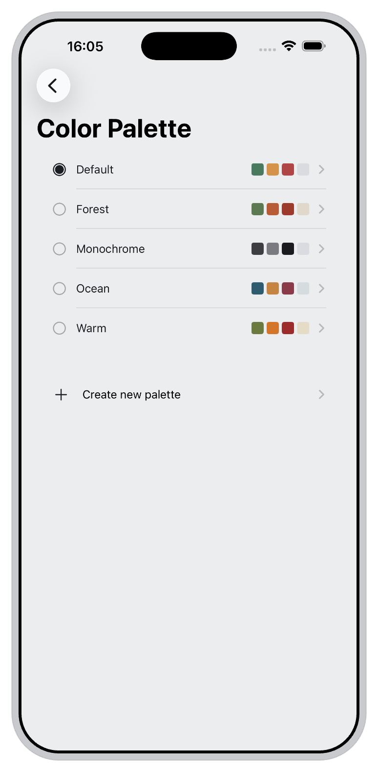 Reckon's color palette settings with five built-in palettes.