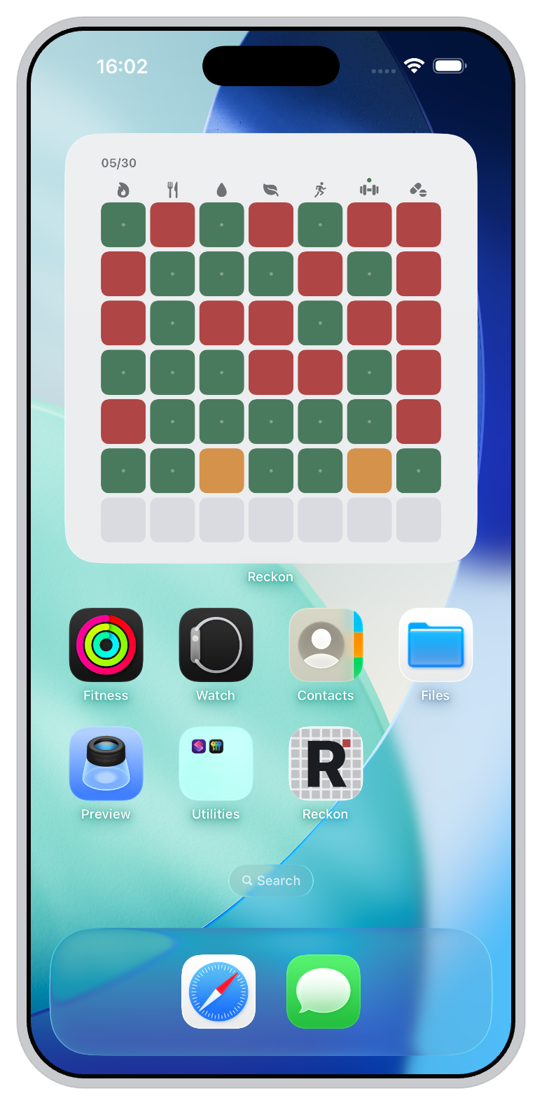 The Reckon widget on the iOS home screen.